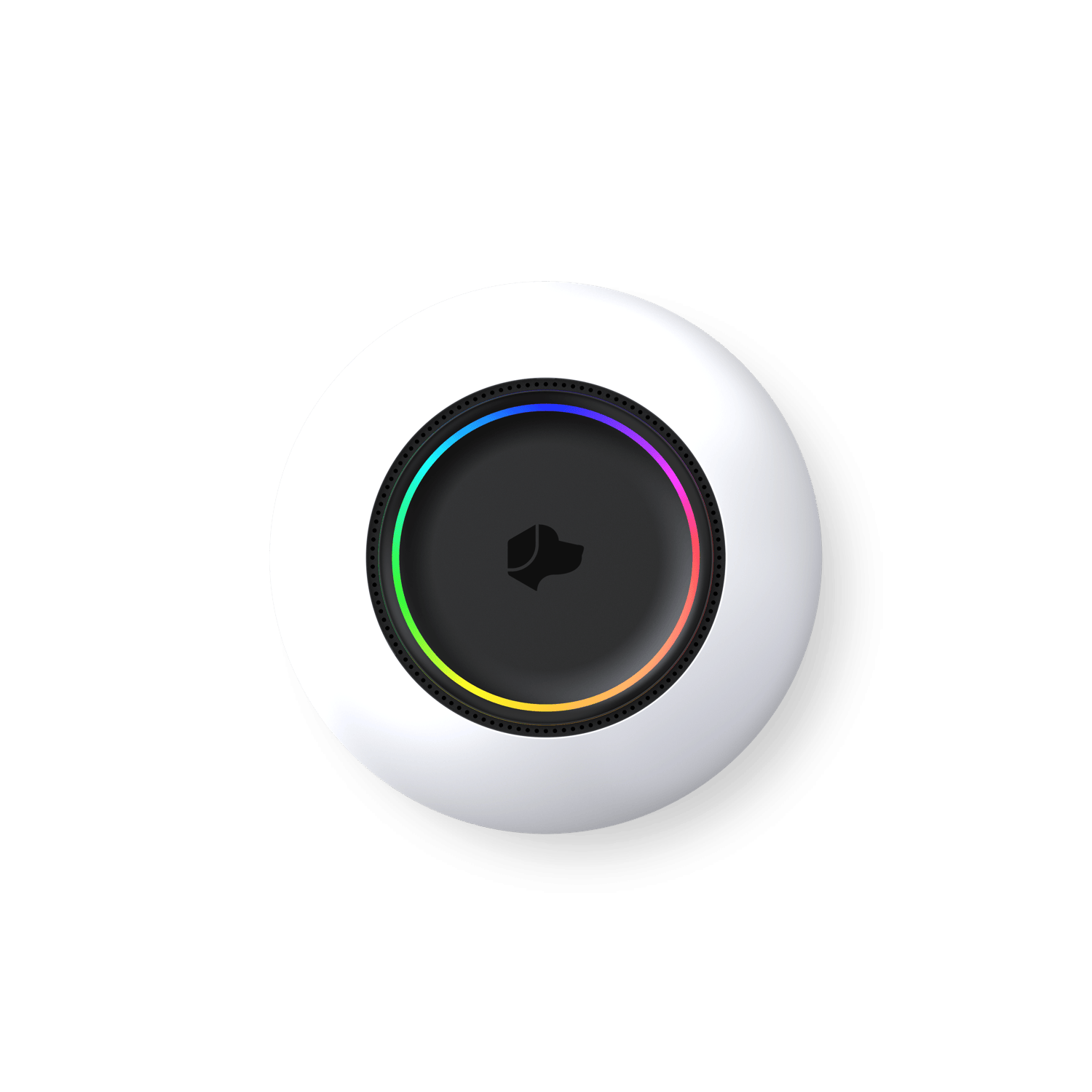 A top view of a white circular device with a black center featuring a dog logo and a multicolored LED ring around it, symbolizing the Josh AI voice control device.